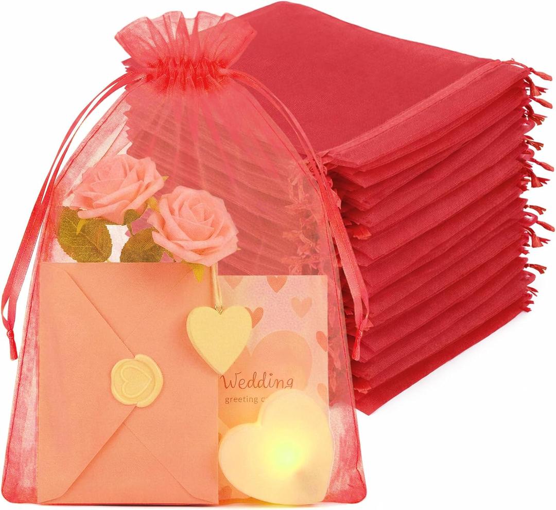 Crweety 50PCS Red Organza Bags 8x12, Large Mesh Bags Drawstring for Gifts Treats Wedding Favors Goodie Makeup Soap Sachet, Large Mesh Gift Bag Bulk for Birthday Mother's Day Baby Shower Party Favors