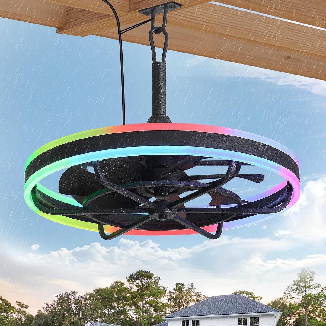 LEDIARY 24” Outdoor RGB Ceiling Fans with Light, IP65 Waterproof Gazebo Fan