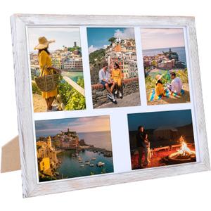 Fikomash Collage Picture Frames Wall Decor with 5 Openings 5x7 Rustic Photo Collage Frame Farmhouse Wood Grain Multi Picture Frame for Wall Mounting Tabletop Display White