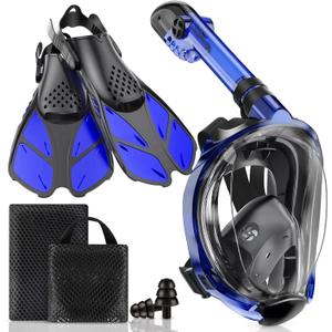 Mask Fins Snorkeling Gear for Adults, Full Face Snorkel Mask & Adjustable Swim Fins Snorkel Set, Panoramic View Snorkel Mask Dry Top Anti-Fog Anti-Leak (Blue)
