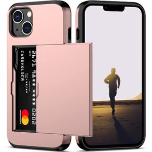 Nvollnoe for iPhone 13 Case with Card Holder Heavy Duty Protective Dual Layer Shockproof Hidden Card Slot Slim Wallet Case for iPhone 13 for Women&Men(Rose Gold)