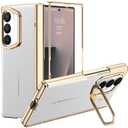 Libeagle for Samsung Galaxy Z Fold 7 Case with Leather Back, Built-in Camera Kickstand, Electroplated Frame & Hinge Protection, Screen Protector, Thin & Slim Leather Stand Cover 5G 2025, White