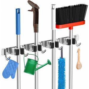 ZONGOOL 4 Racks and 5 Hooks Broom Holder Wall Mount Mop Hanger Wall Mounted Mop and Broom Storage Tool Rack Stainless Steel Garage Organization Garden Kitchen Home Laundry Organizer (Silver)