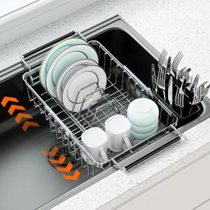 Expandable Dish Drying Rack in Sink,Stainless Steel Over The Sink Dish Drainer Drying Rack for Kitchen Counter,with Utensil Holder,Silver