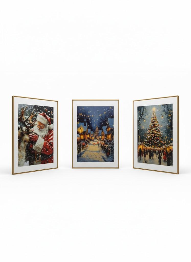 (Set of 3) Santa Claus And Reindeer Art, Rustic Winter Scene for Christmas Canvas Wall Art Print Poster For Home School Office Decor (Wood Frame) 35in. x 24in.