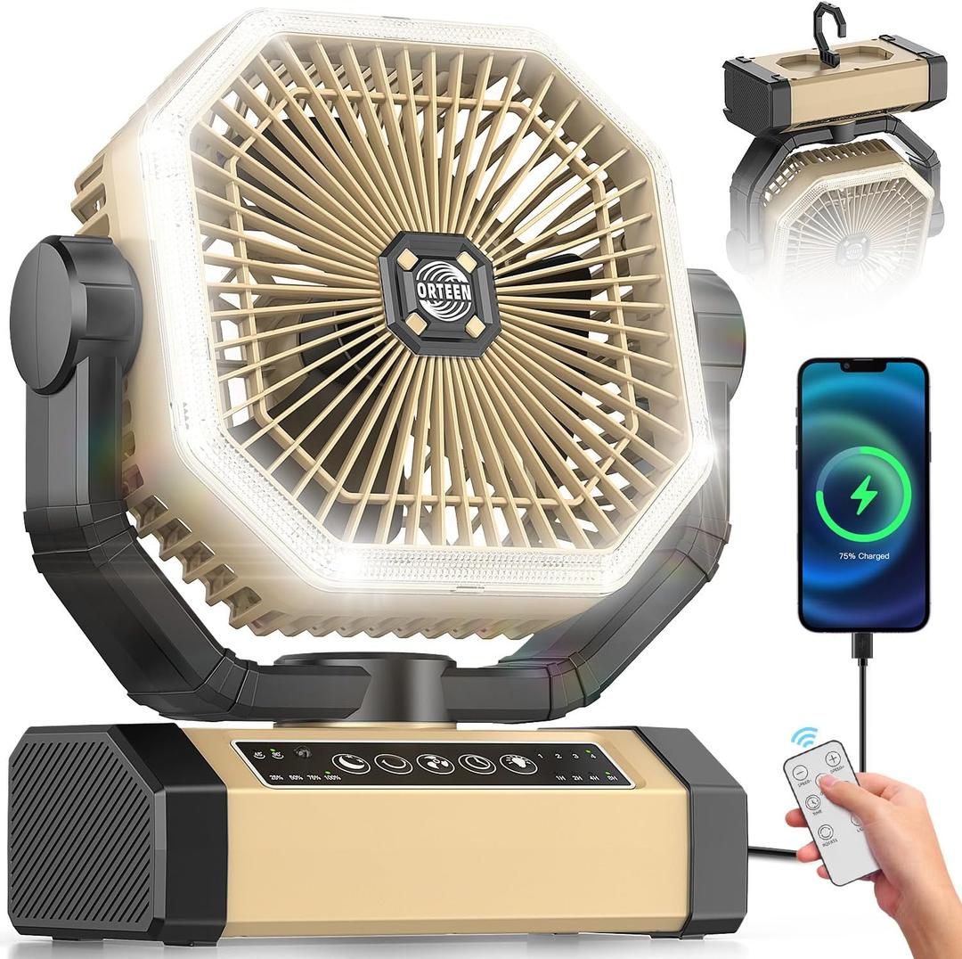 Orteen Camping Fan Rechargeable - 9-Inch Battery Powered Fan, 24000mAh(60Hrs) Battery Operated for Camping, Auto Oscillation Cordless, Tent Fan with Remote/Light, 4 Speeds, 4 Timing, Outdoor