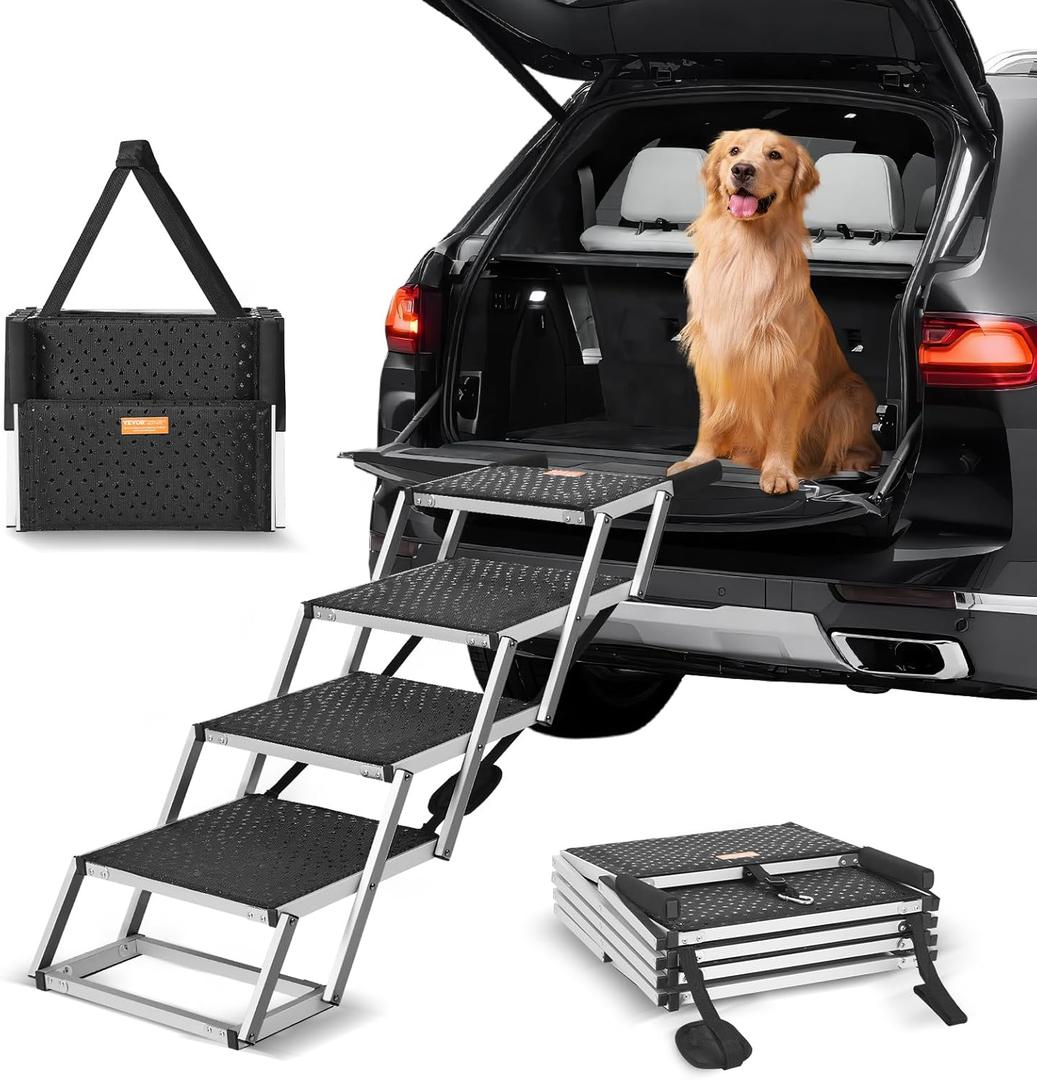 VEVOR 4-Step Dog Car Steps, Folding Dog Ramp with Nonslip Surface, Portable Pet Steps in Aluminum for Car, SUV and Truck, Supports up to 250 lbs