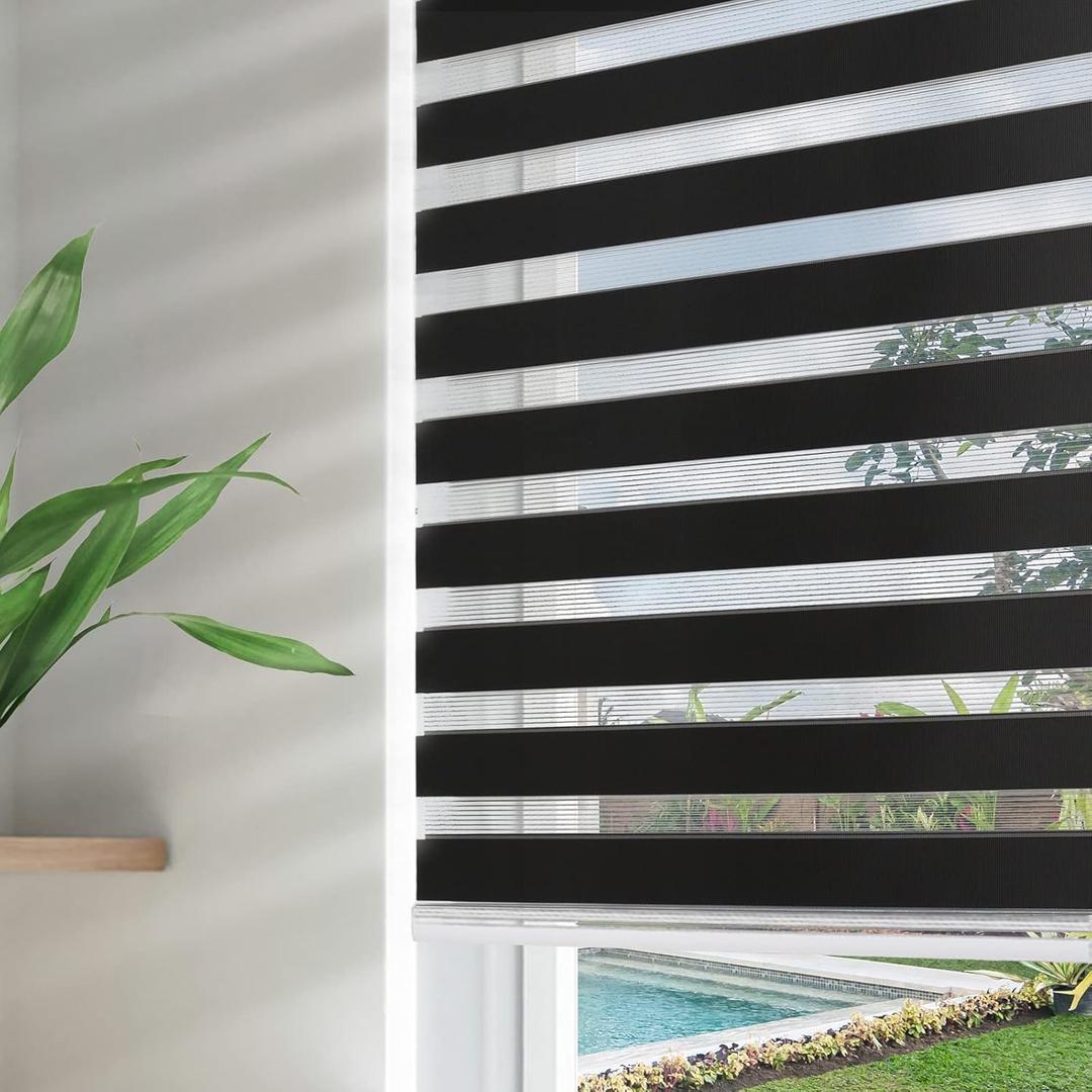 Joydeco Cordless Zebra Blinds for Windows, Dual Layer Free-Stop Zebra Shades Privacy Light Control for Day and Night, Light Filtering Sheer Blinds for Indoor Windows (Black, 34" W x 75" H)