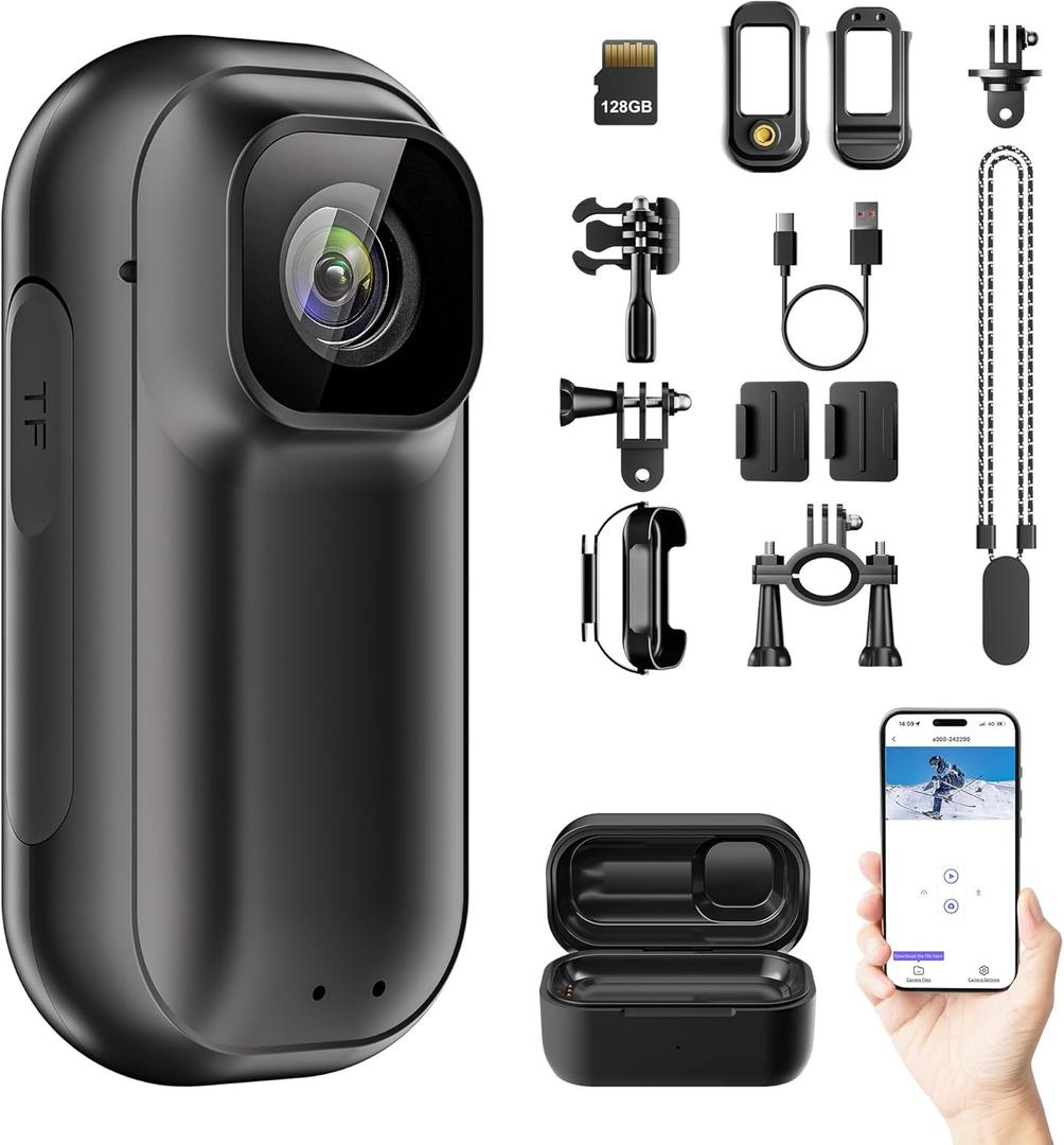 1080P 128GB WiFi Mini Action Camera  Wearable Body Cam with Charging Case, Thumb-Sized POV Camera, Portable, Mount Anywhere, Magnetic Lanyard, Sports Cam for Work, Travel, Pet Walk, Cycling