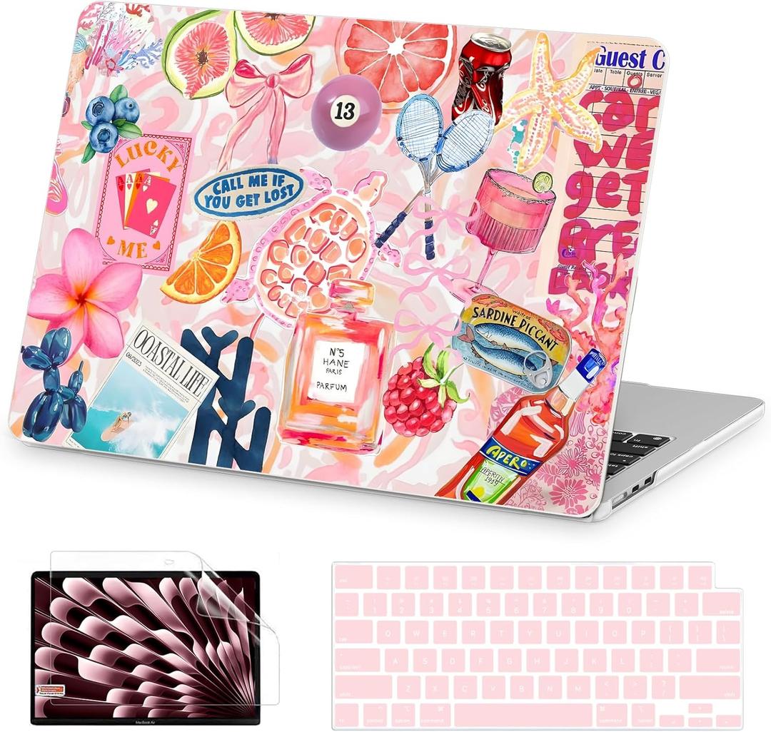 AKIT Compatible with MacBook Air 13 inch Case 2026 2025 2024-2022 M4 M3 M2 A3240 A3113 A2681, Pattern Hard Shell Laptop Case+Screen Protector+Keyboard Cover for MacBook Air 13.6 inch 2025, SumPink