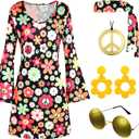 Deerjoke 60s 70s Disco Outfit Hippie Costume Women, 1970 Style Clothes Dress Peace Sign Accessories Jewelry Halloween (XL)