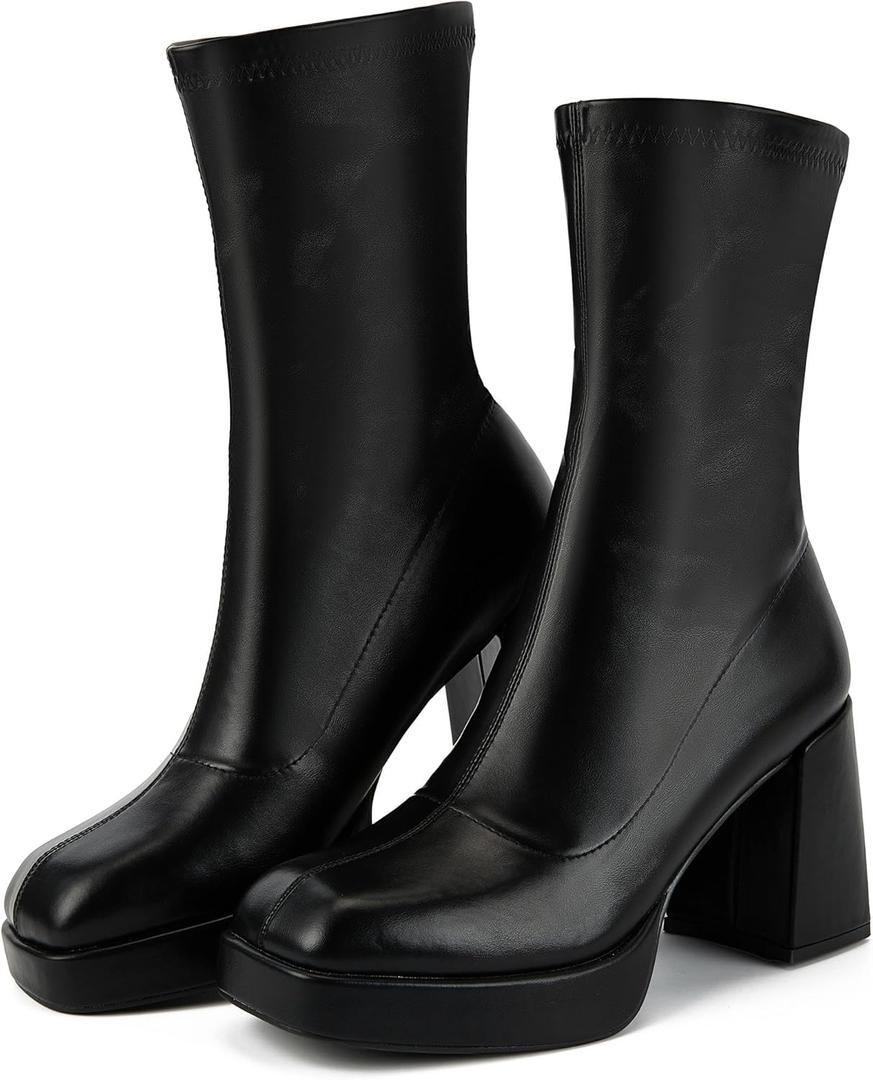 Putu Platform Boots for Women,GoGo Boots,Square Toe Chunky Heel Ankle Boots Pull on Booties (7.5, Black)