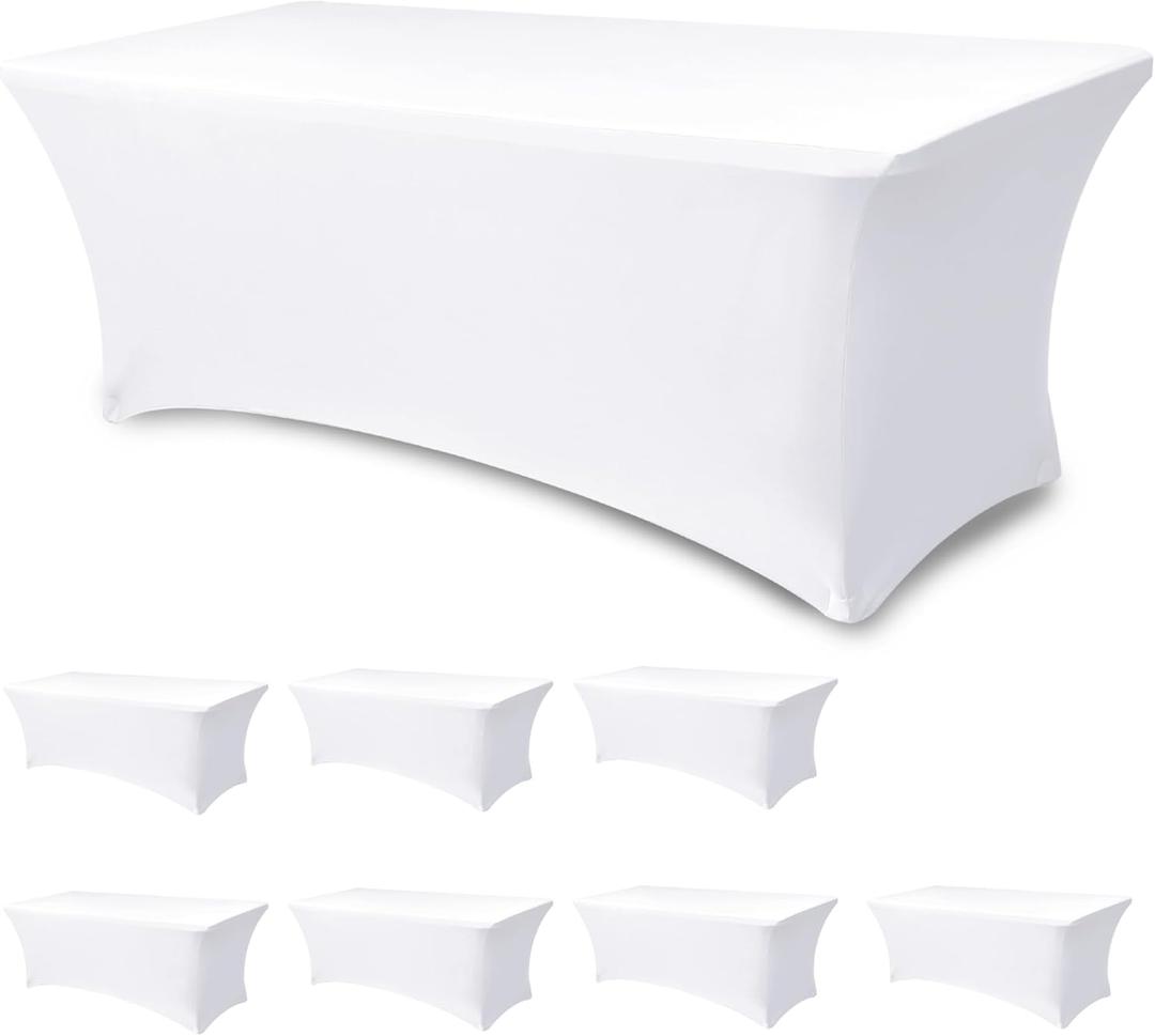 Table Cover for 6 foot Rectangle Tables-8 Pack White Fitted Stretch Tablecloth-Elastic Spandex 6ft Folding Tablecloths for Party, Vendor Booth Display, Banquet Buffet Event, Craft Trade Show