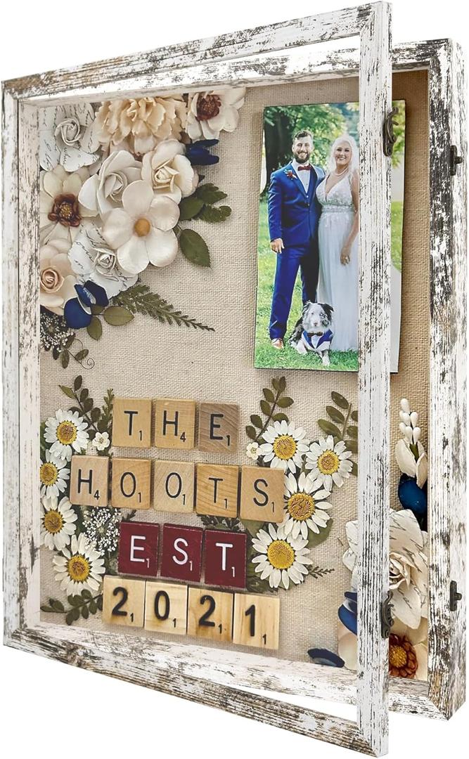 GraduatePro Shadow Box Frame 16x20 Display Case with Linen Back, Plexiglass Window Door with Hinge, Picture Frame Wedding Bouquet Memorabilia Medals Photos Memory Box for Keepsakes Rustic White (16"x20" (40.6x50.8 cm))