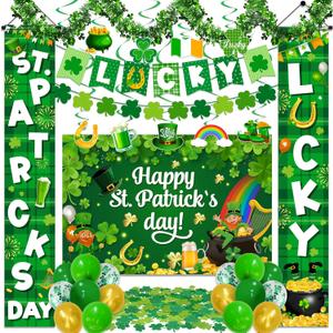St Patricks Day Decorations, Saint Patricks Day Decorations includes Lucky Banner Shamrock Garland Hanging Swirs and St Patricks Day Porch Sign, for St Patricks Day Decorations for Office Home Outdoor