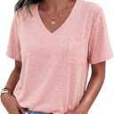 Womens V Neck Tshirts Short Sleeve Loose Casual Summer Tops with Pokcet (Pink)