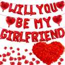 16 Inches Red 'WILL YOU BE MY GIRLFRIEND' Proposal Letter Balloons with Heart-Shaped Foil Balloons and Rose Petals for Romantic Special Night Decorations, Engagements, Proposals, and Valentine's Day