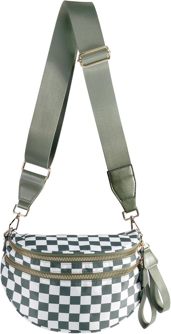 Black and White Checkered Crossbody Bag Bum Bag for Women,Spacious Checkered Purse Fanny Packs Belt Bag (Beans Green Checkered)