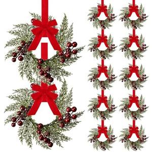 8Pieces 8" Mini Christmas Wreaths - Small for Kitchen Cabinet/Window/Front Door, Artificial Red Berries & Pinecones, Christmas Candle Rings, Table/Farmhouse Decoration (No Ribbon)