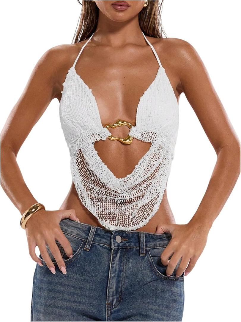 MakeMeChic Women's Y2k Crochet Halter Top Open Back Metal Ring Draped Front Summer Sequin Rave Party Going Out Tops (White, S)
