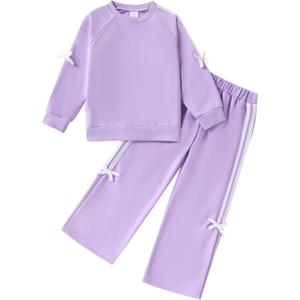 Toddler Girl Clothes Girls Outfits Kids Sweatsuit Long Sleeve Bow Details Top Wide-Leg Pants Little Girls' Clothing Set (4-5T, Purple)