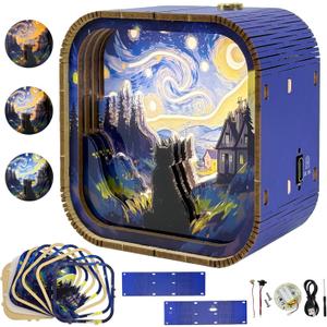 3D Wooden Puzzle Night Light DIY LED Art Lamp Kit for Adults Desk Decor Relaxing Craft Project Table Ornament and Unique Gift (Starry Cat)