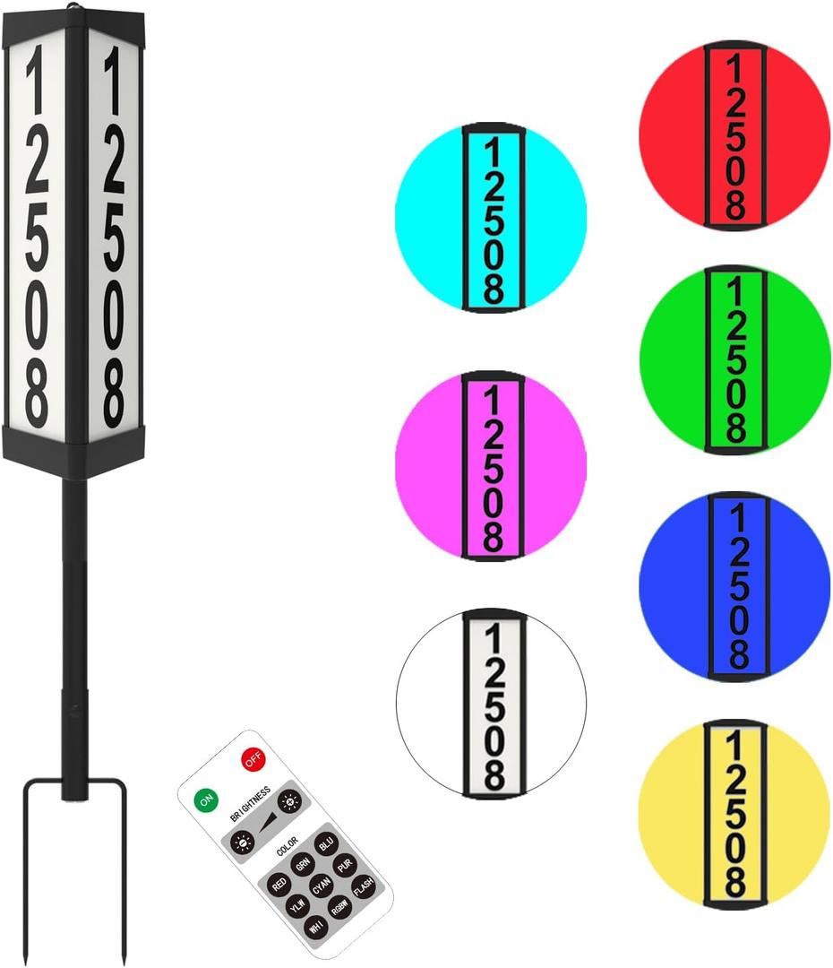 3 Side Solar Address Plaque, Lighted House Numbers for Outside, Waterproof RGBW Color Changing Remote Control, Led Illuminated Solar Address Sign with Stakes for Garden Street Home Yard