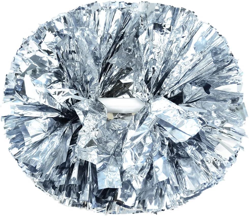 Lovecheer 2PCS/6PCS Metallic Pom Poms Cheerleading with Baton Handle Cheer Pompoms for Kids Adults Team Sports Spirit Party Cheering (Silver)