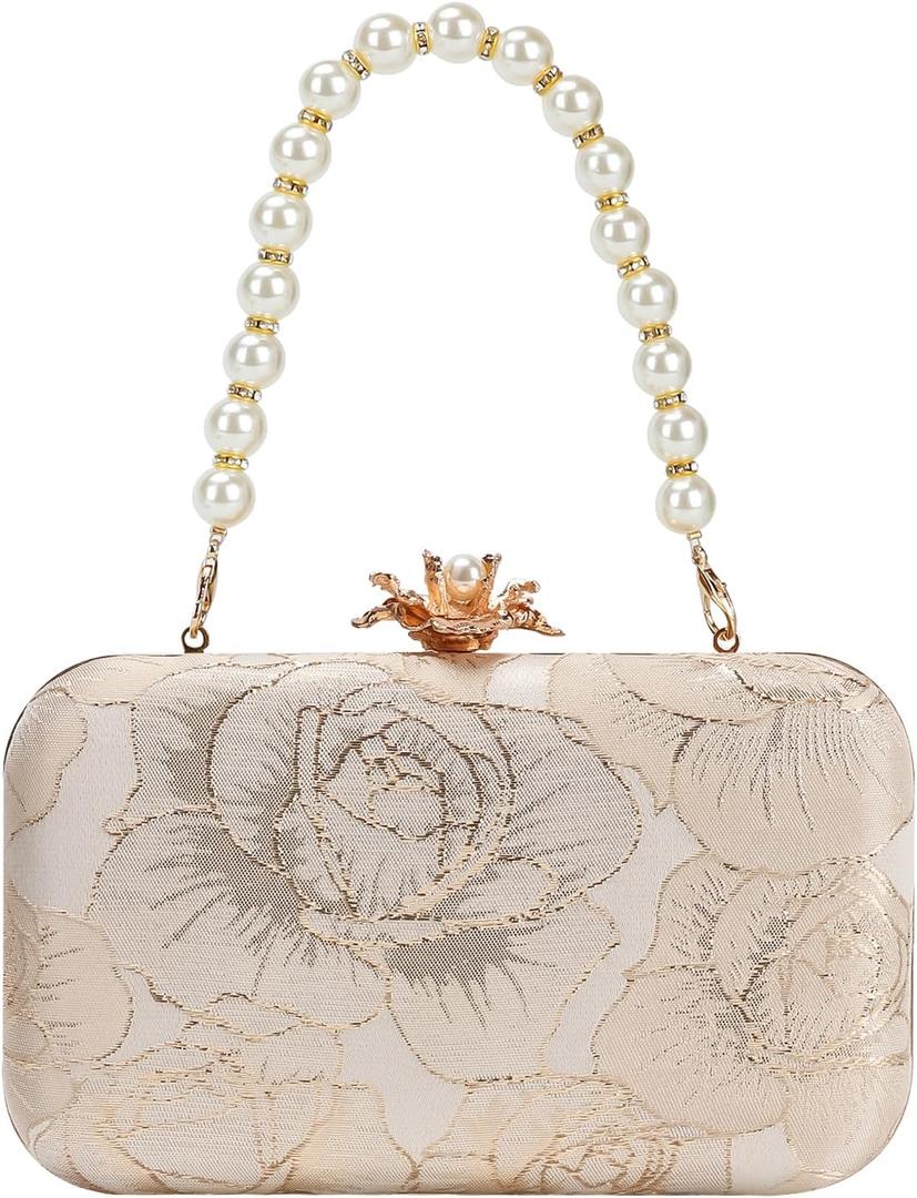 Womens Vintage Floral Embroidery Clutch Evening Handbag Shoulder Bags Purse for Wedding Party Prom (#2415-gold)