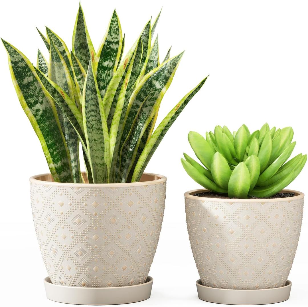 Docrin Ceramic Plant Pots Indoor, 6.6 + 5.5 Inch Planters with Drainage Holes and Saucer for Home/Office  Set of 2 /White