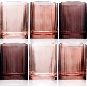 Physkoa 6-Piece Brown Ribbed Glassware Set Vintage Drinking Glasses in Ochre, Umber & Espresso 12oz Tumbler Cups for Water, Juice, Iced Coffee, Whiskey, Cocktail Aesthetic Colored Glasses