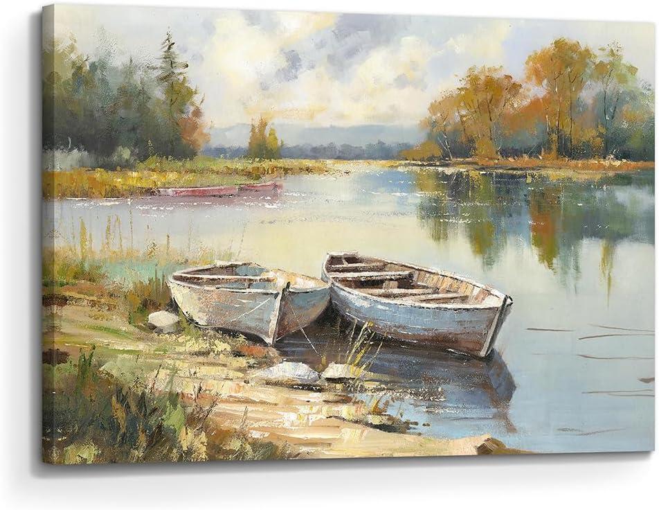 the stream design Lake Wall Art Canvas Painting: Landscape Nature Picture Textured Boat Print Decor Living Room Bedroom Artwork Decoration, 24"L x 16"W