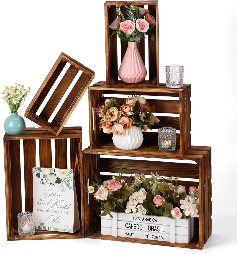 Soaoo 5 Pcs Decorative Nesting Wooden Crates for Storage Display 5 Size Large Small Rustic Wood Decorative Storage Crates with Handle Farmhouse Crate Box Container Made from Pine(Vintage Brown)