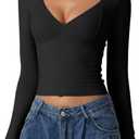 QINSEN Women's Long Sleeve V Neck T Shirts Double Lined Crop Top Seamed Cup Going Out Tops (Medium, Black)
