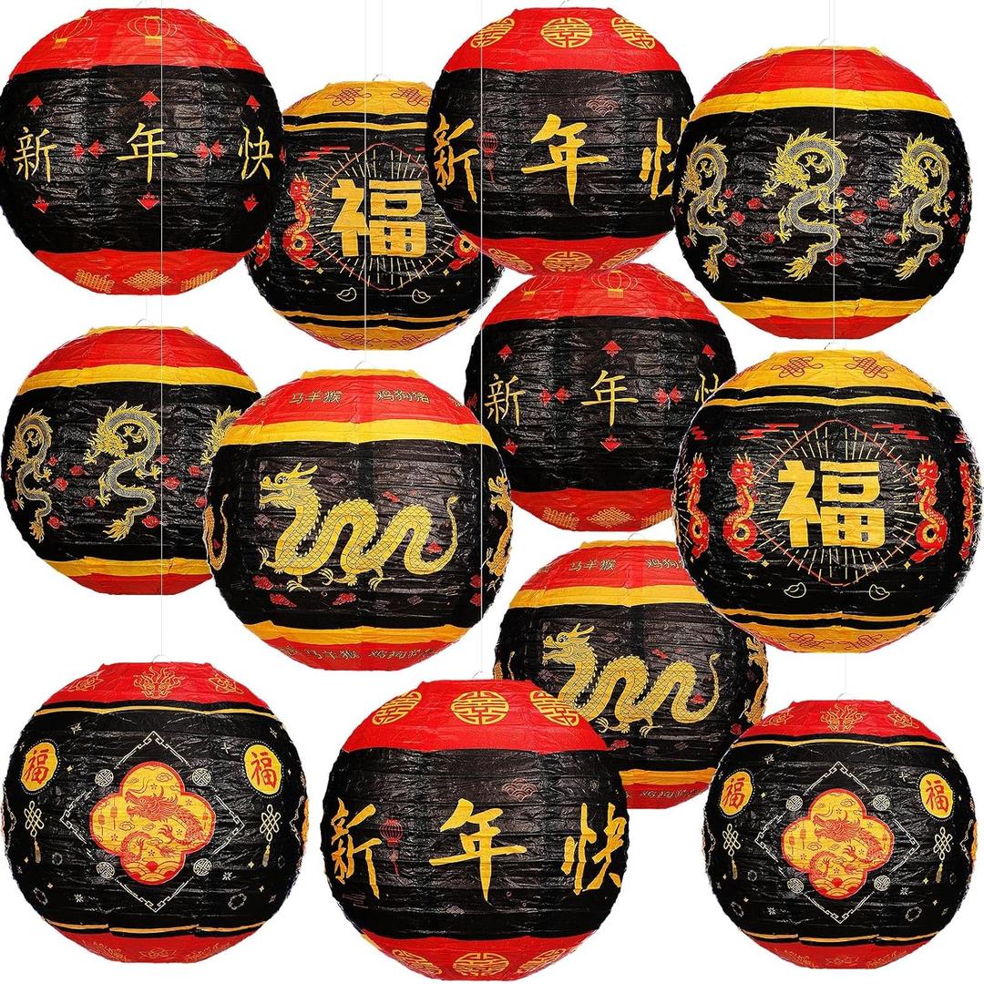 Panelee 12 Pcs Chinese New Year Decorations Chinese Paper Lanterns Lunar New Year Hanging Round Lanterns Spring Festival Hanging Party Decorations for 2026 Spring Festival Celebration