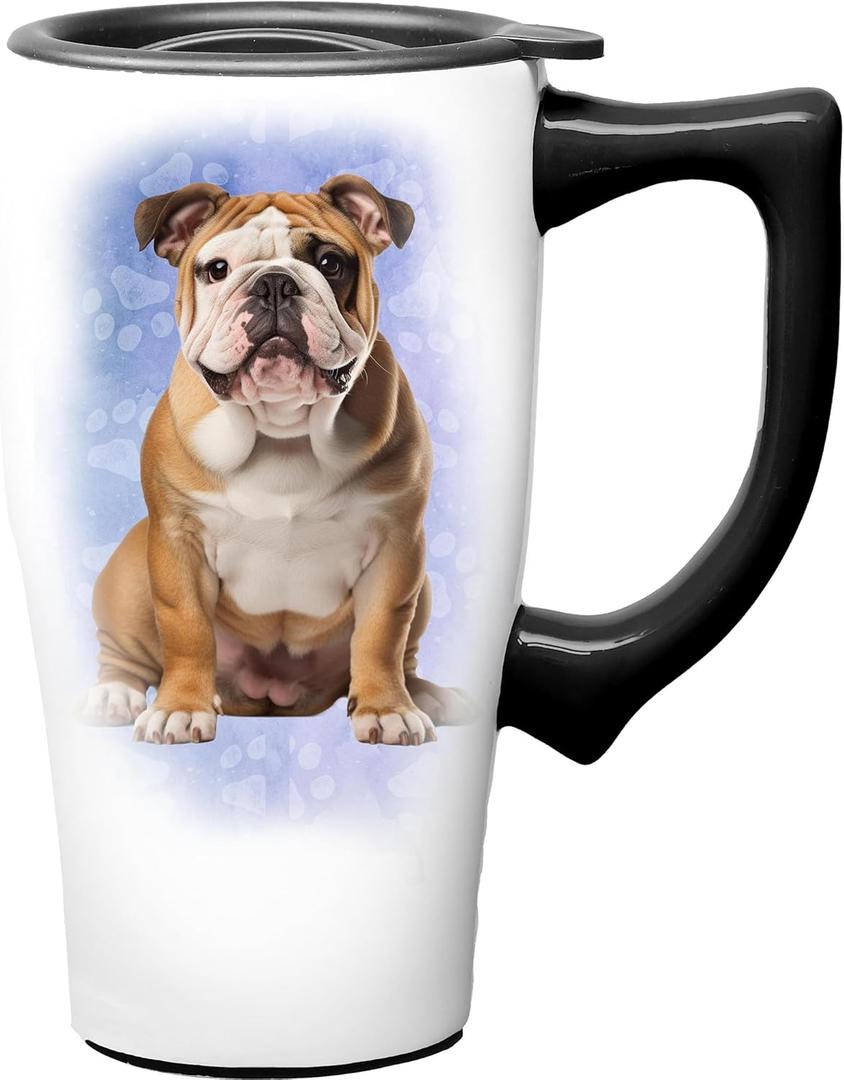 Spoontiques Bulldog Ceramic Travel Coffee Mug with Lid and Handle - Spill Proof Lid - Double Walled Mug for Hot and Cold Beverages - Microwave and Dishwasher Safe