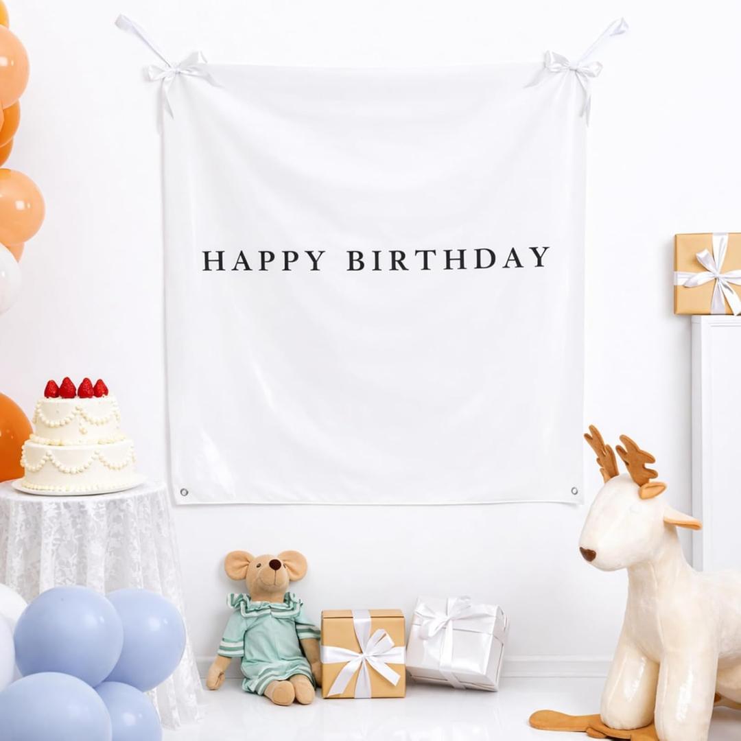 Oudain 59x59 Inch Happy Birthday Burlap Banner, Fabric Party Decorations Backdrop, Boho Rustic Photo Props Sign with Hanging String for Birthday Party Indoor Outdoor Yard Wall Decor