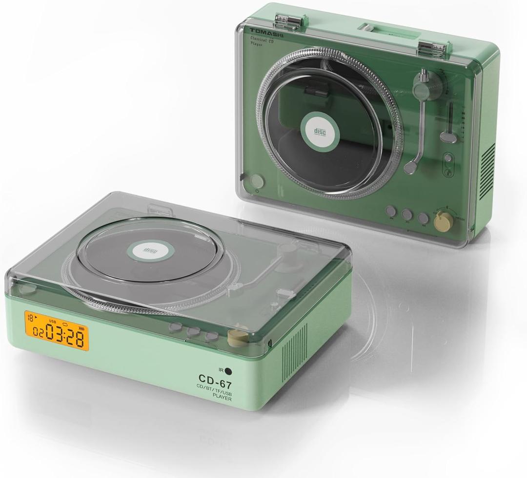 TOMASHI CD Player Portable with Speakers Blutooth Retro CD Player for Home Desktop Personal USB Music Stereo Rechargeable Player with LCD Display for Festival Gift CD-67(Green)