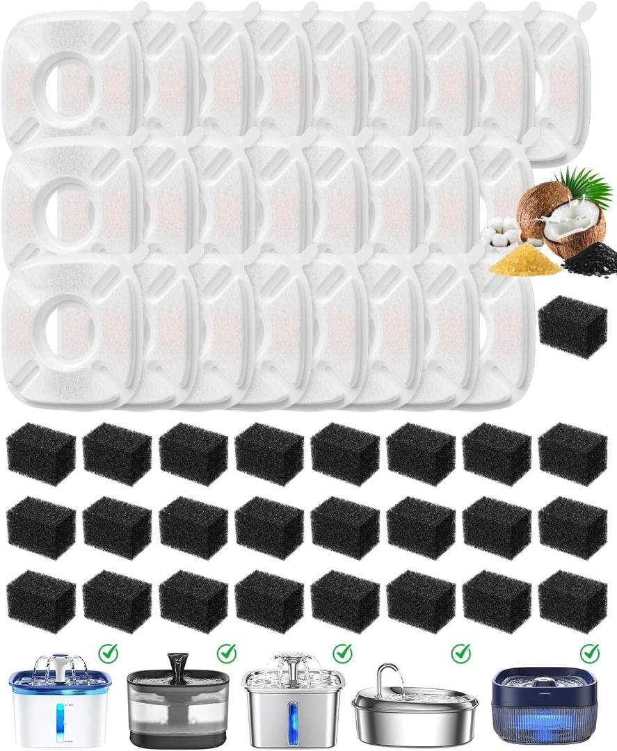 50 Pcs Cat Water Fountain Filters for Veken 95oz/2.8L, 67oz, 85oz, 135oz Dog Water Fountain Automatic Pet Fountain Dog Water Dispenser 25Pcs Pet Fountain Filter Replacement & 25Pcs Pre-Filter Sponges