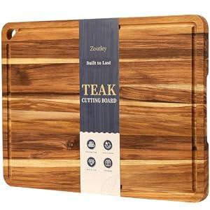 Zoutley Extra Large Teak Wood Cutting Board for Kitchen, Knife-Friendly Chopping Boards with Juice Grooves & Storage Stand, Heavy Duty Wooden Boards for Meat, Fruit & Cheese, Ideal Housewarming Gift