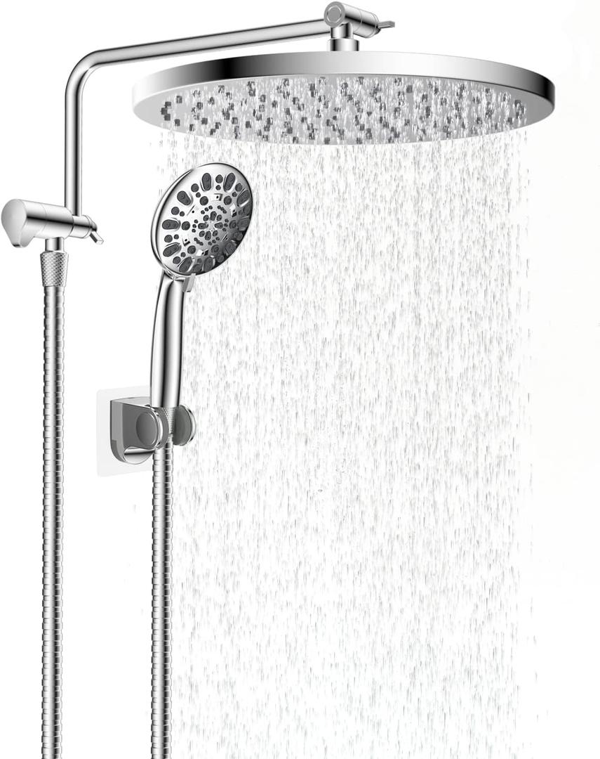 Hibbent Metal Thickness Shower Head, 12'' High Pressure Rainfall Shower Head/Handheld Showerhead Combo with 12'' Adjustable Shower Extension Arm, 7-Spray, 71'' Hose, Showerhead Holder, Chrome