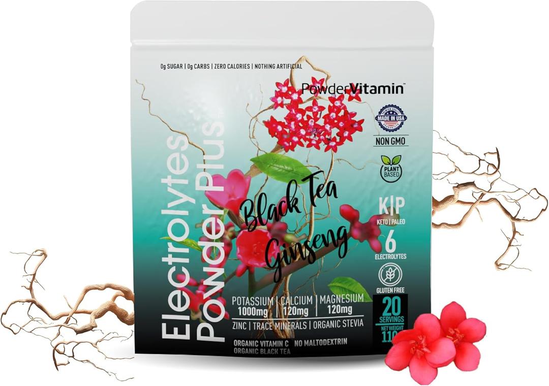 2 x PowderVitamin Electrolytes Powder Plus (20 Servings) Black Tea Ginseng Electrolyte Powder Keto, Sugar Free, Pink Himalayan Salt,1000mg Potassium,120mg Calcium,120mg Magnesium, Hydration Powder