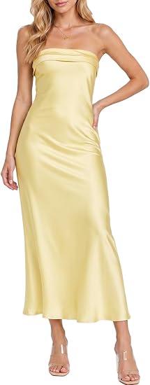 Realtix Summer Satin Strapless Backless Maxi Dress for Women Wedding Guest Sexy, Silk, Low Back, Hollow Out, Open Back, Elegant, Tube, Cocktail Party, Semi Formal, Birthday ,Date Night, vacation, Long Dress, Medium
