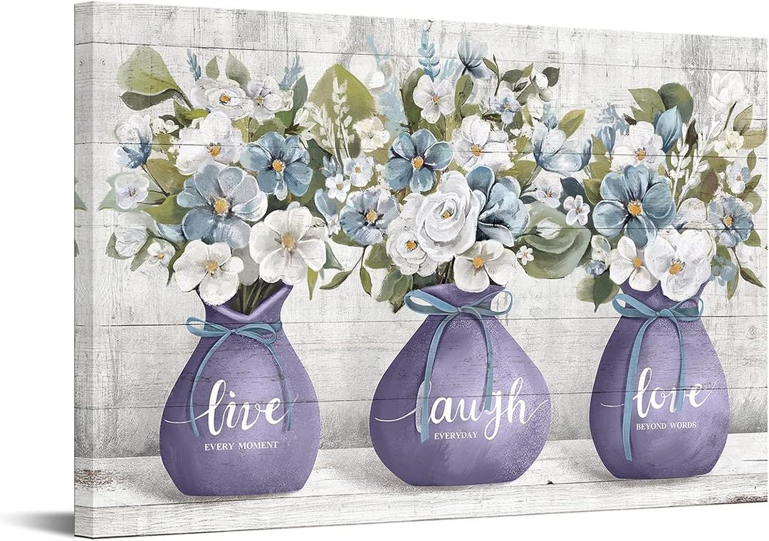 iKNOW FOTO 24x36'' Rustic Wall Art Canvas Flowers in Purple Vase with Inspirational Quotes Live Laugh Poster Love Pictures Farmhouse Artwork Modern Home Decorations