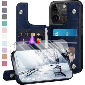 Compatible with iPhone 16 Pro Case Wallet, Card Holder Case with [2 Screen Protectors] Cover with [RFID Blocking Leather] Shockproof Women Men Cases 6.3" for Apple 16 Pro Dark Blue (Dark Blue)
