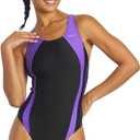 Sporti Wide Strap Athletic One Piece Swimsuit for Women - Solid Bathing Swimsuits for Competiton - Multi Color Selection (34, Black/Purple)