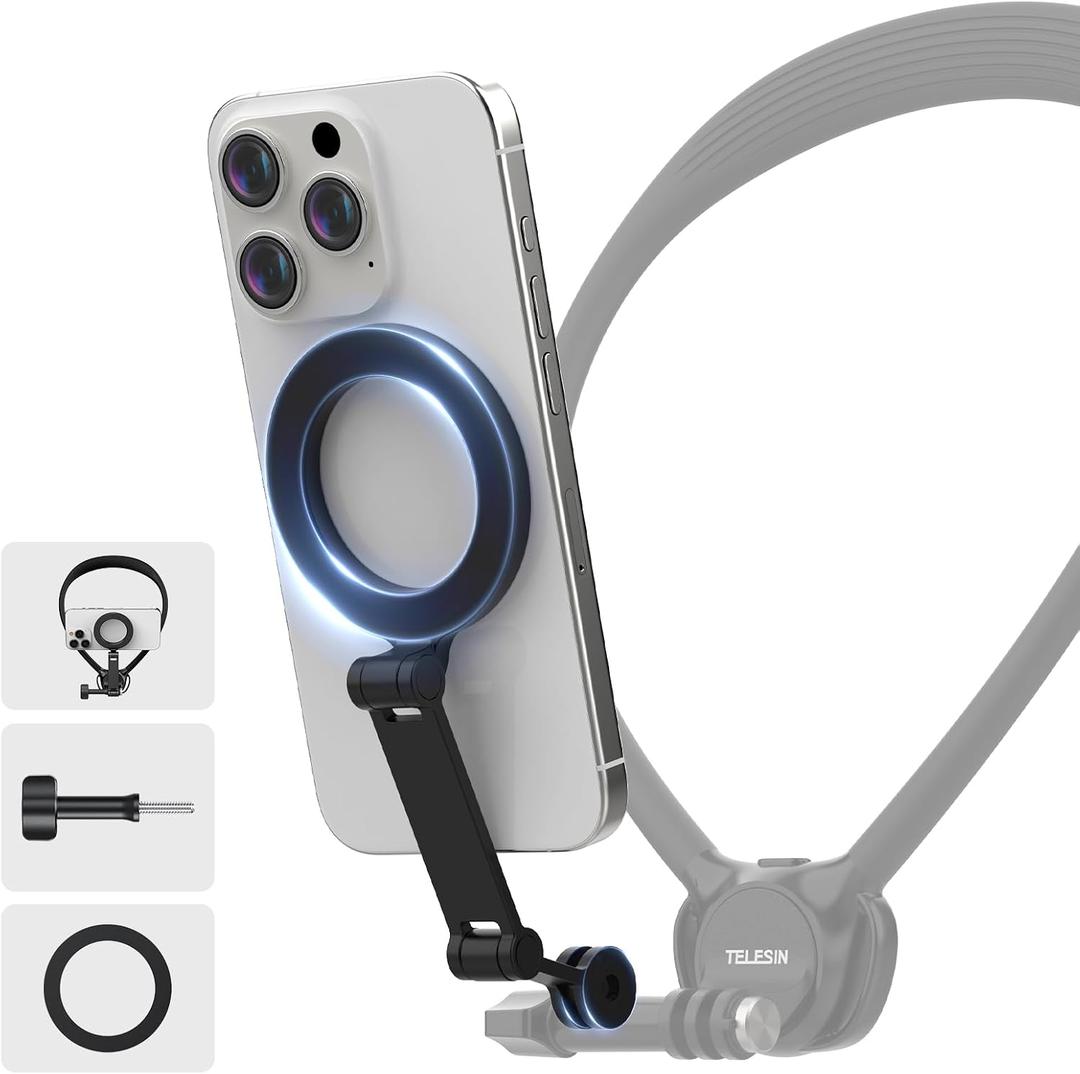 TELESIN Magnetic Phone Holder for iPhone Android, Three-Section Rotating Rod, Hand Free POV/Vlog Selfie Mount, Expansion Accessories for Chest Straps Neck Mount Mobile Phone, with Anti-Lost Rope