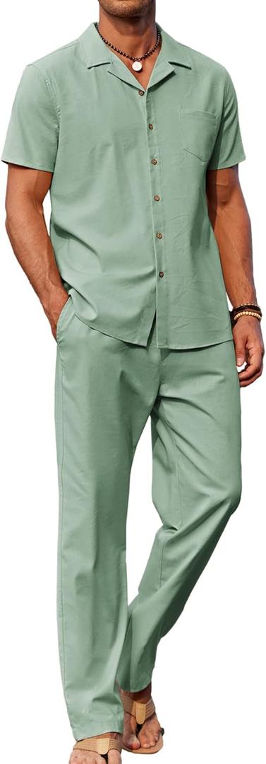 COOFANDY Men 2 Piece Linen Outfit Beach Button Down Shirt Casual Loose Pant Sets (X-Large, Light Green)