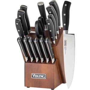 Viking Kitchen Knives Set, 17 Piece Cutlery Set with Light Walnut Knife Block, Stainless Steel Blades and Ergonomic Handles, Dishwasher Safe