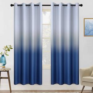 COSVIYA Grommet Ombre Room Darkening Curtains 72 inch Length 2 Panels, Gradient Drapes Blue and Grayish White Light Blocking Insulated Thermal Window Curtains for Bedroom/Living Room,52x72 inches